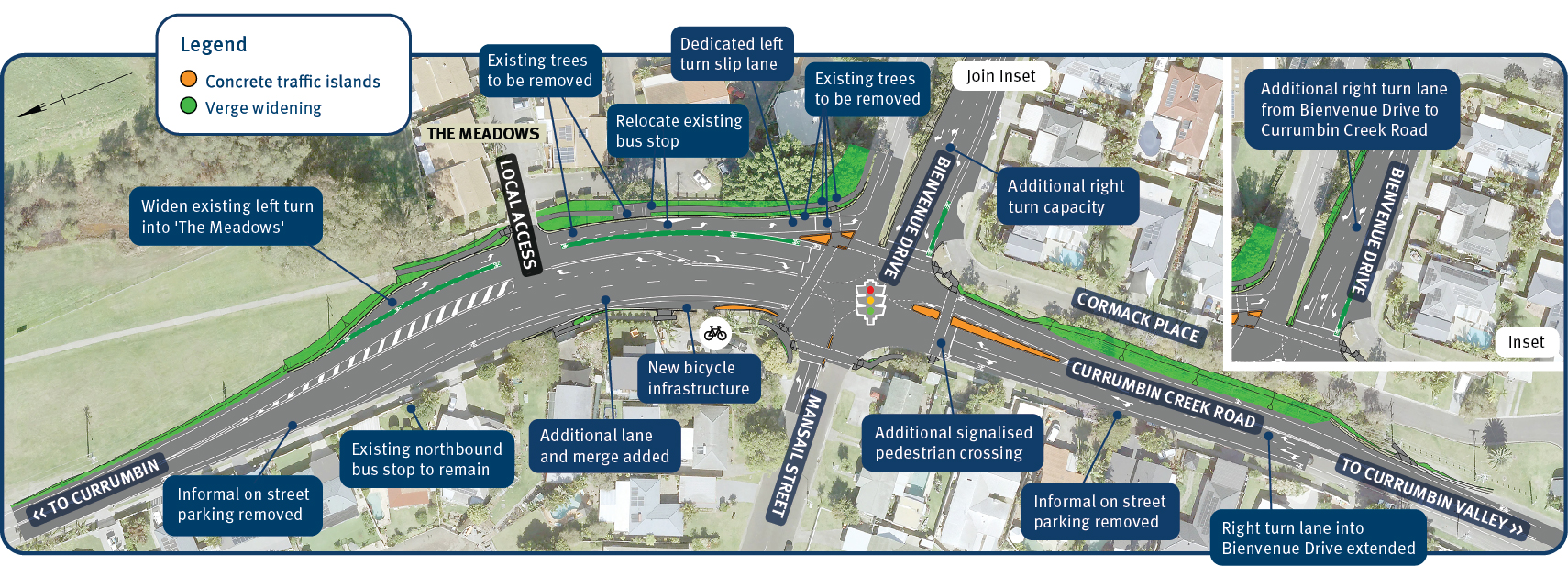 Design concept that shows an overview of the upgrades to the Currumbin Creek Road and Bienvenue Drive intersection.