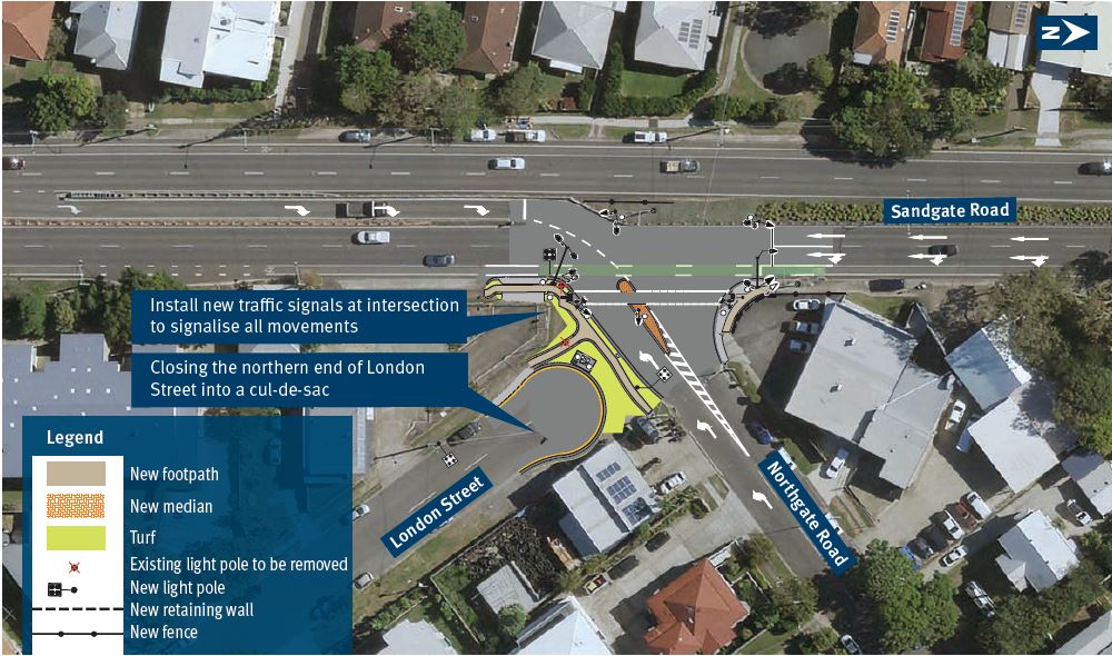 Aerial view of Sandgate Road and Northgate Road intersection with new cul-de-sac proposed and traffic signal intersection